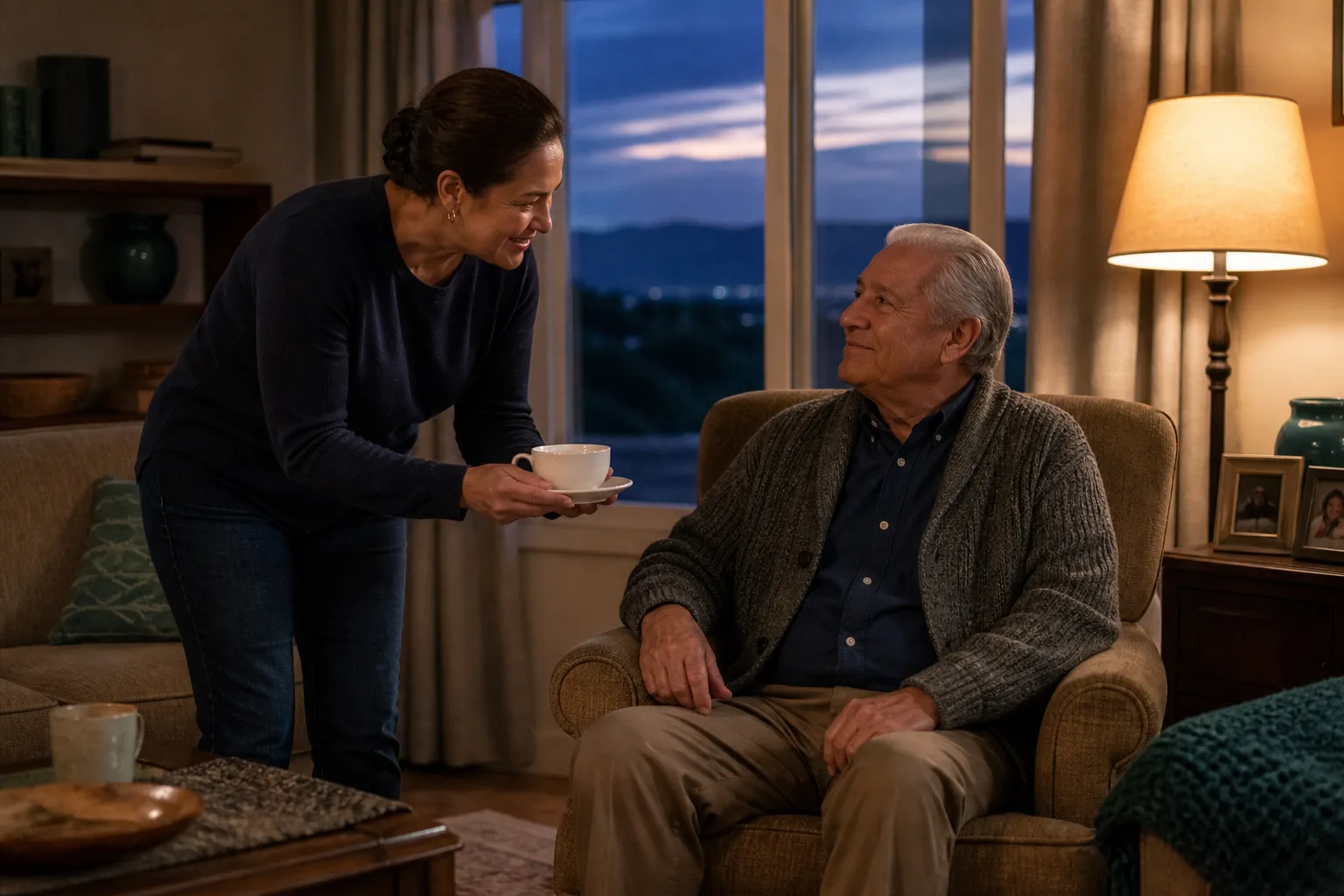 A caregiver bringing tea to an older adult during a calm evening at home
